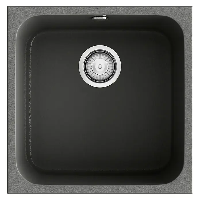 Poalgi Fregadero encastrable Gandía 40 - 44,5 x 44 cm, Material compuesto, Concret, Brillante - Primer plano de un fregadero de cocina moderno gris con un desagüe brillante.