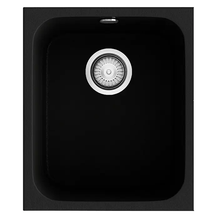 Poalgi Fregadero encastrable Gandía Soft 35 - 44,5 x 38 cm, Material compuesto, Negro, Brillante - Fregadero de cocina negro con colador. El fregadero es de material resistente, ideal para cocinas modernas.