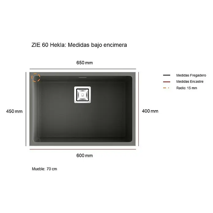Poalgi Fregadero encastrable Zie Soft 60 - 45 x 65 cm, Material compuesto, Blanco, Brillante - Fregadero bajo encimera ZIE 60 Hekla con medidas de 650 mm x 450 mm. El mueble tiene un tamaño de 70 cm y un radio de 15 mm.