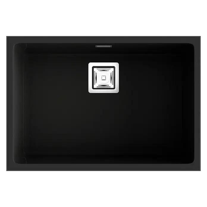 Poalgi Fregadero encastrable Zie Soft 60 - 45 x 65 cm, Material compuesto, Negro, Brillante - Un fregadero negro con un desagüe cuadrado en el centro, ideal para cocinas modernas. La superficie es lisa y fácil de limpiar.