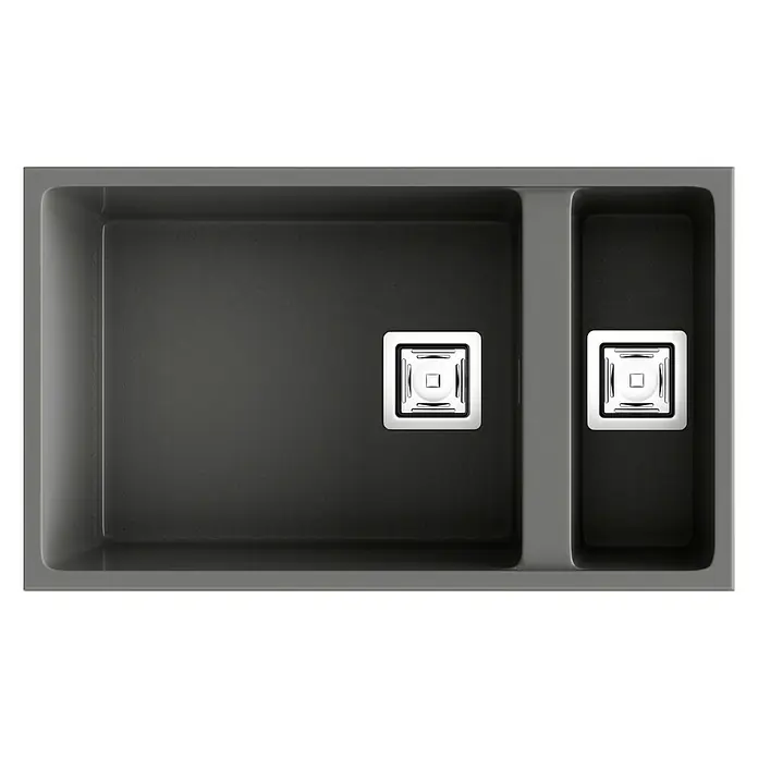 Poalgi Fregadero encastrable Zie 70 - 45 x 75 cm, Material compuesto, Número de cubetas: 1,5 ud., Gris - Vista superior de un fregadero doble oscuro y moderno con desagües cuadrados, ideal para un diseño de cocina elegante.