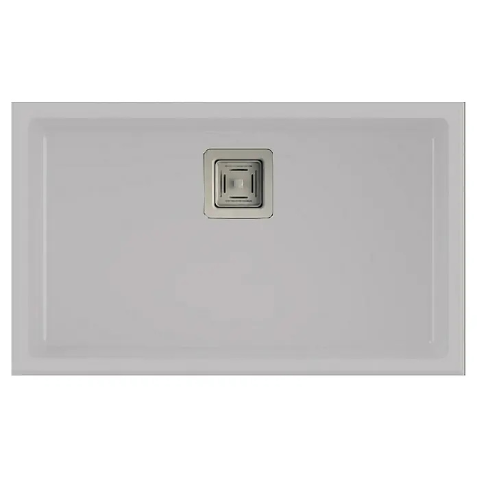 Poalgi Fregadero encastrable Zie Soft 70 - 45 x 75 cm, Material compuesto, Número de cubetas: 1 ud., Blanco, Brillante - Plato de ducha rectangular con desagüe cuadrado en el centro, ideal para baños modernos. La bandeja está en un tono gris neutro.