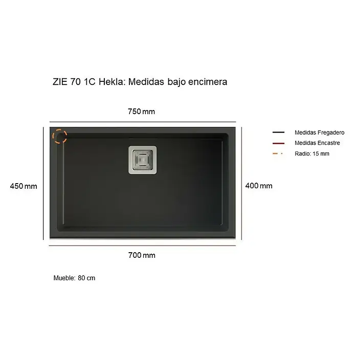 Poalgi Fregadero encastrable Zie Soft 70 - 45 x 75 cm, Material compuesto, Número de cubetas: 1 ud., Negro, Brillante - Imagen de un fregadero bajo encimera ZIE 70 1C Hekla con dimensiones, destacando su forma rectangular y medidas.