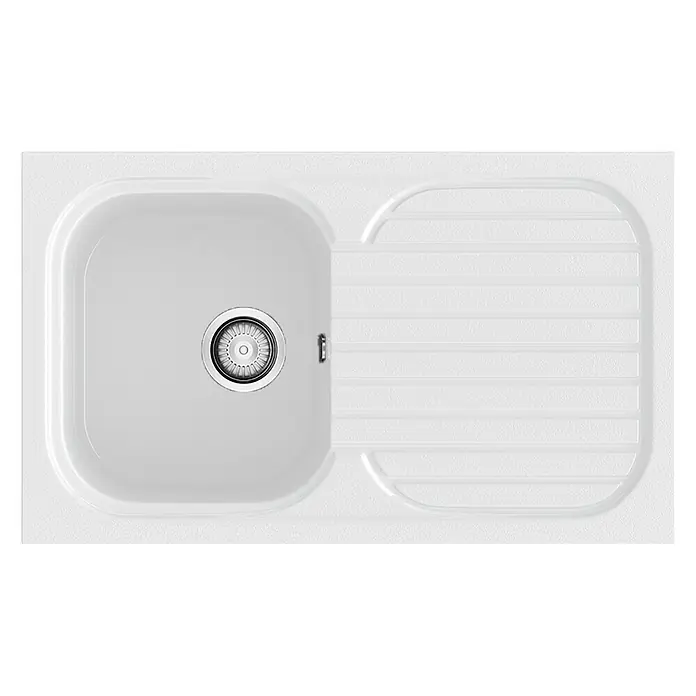 Poalgi Fregadero encastrable Olivino - 49,5 x 82,3 cm, Blanco, Resplandeciente - Un fregadero de cocina de color claro con escurridor. El fregadero presenta un diseño moderno y una superficie lisa.