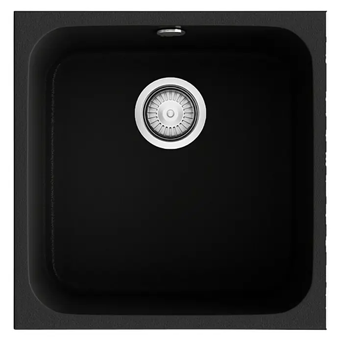 Poalgi Fregadero encastrable Gandía Soft 40 - 44,5 x 44 cm, Material compuesto, Negro, Brillante - Primer plano de un fregadero de cocina negro con un desagüe redondo en el centro, ideal para cocinas modernas.
