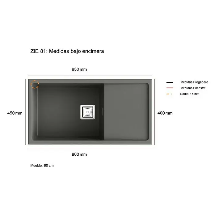 Poalgi Fregadero encastrable Zie 81 - 45 x 85 cm, Material compuesto, Gris, Brillante - Imagen de un fregadero bajo encimera ZIE 81, con dimensiones de 850 mm de largo y 450 mm de ancho.