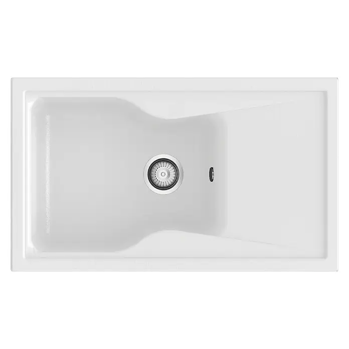 Poalgi Fregadero encastrable City 321 Soft 1S+E - 51 x 86 cm, Material compuesto, Blanco, Brillante - Primer plano de un fregadero de cocina blanco y moderno con un diseño elegante y un desagüe redondo. Ideal para cualquier cocina actual.