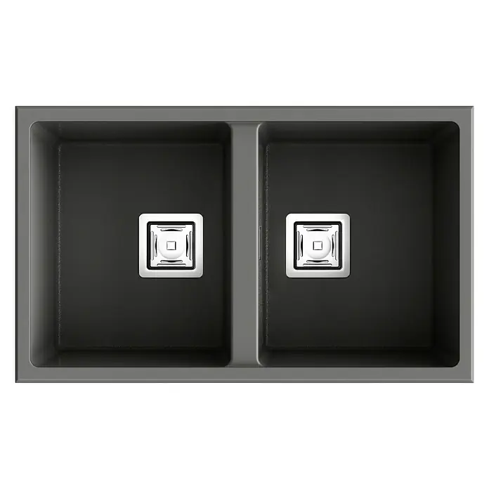 Poalgi Fregadero encastrable Zie Soft 70 - 45 x 75 cm, Material compuesto, Número de cubetas: 2 ud., Gris, Brillante - Doble fregadero de granito con desagüe cuadrado cromado brillante. Equipamiento de cocina práctico y moderno.