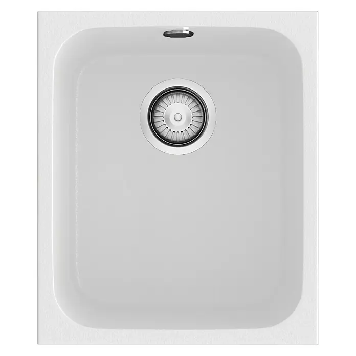 Poalgi Fregadero encastrable Gandía 35 - 44,5 x 38 cm, Material compuesto, Blanco, Brillante - Primer plano de un fregadero de gres claro con un desagüe de acero inoxidable en el centro, ideal para cocinas modernas.
