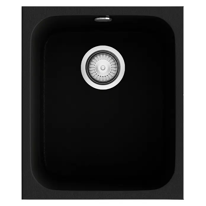 Poalgi Fregadero encastrable Gandía 35 - 44,5 x 38 cm, Material compuesto, Negro, Brillante - Un fregadero negro cuadrado con un desagüe redondo plateado en el centro. Diseño elegante para cocinas modernas.