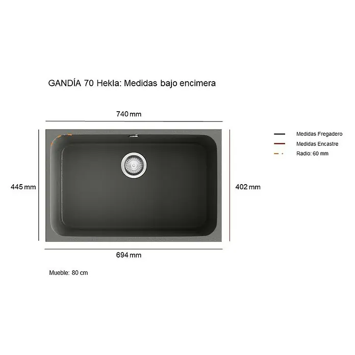 Poalgi Fregadero encastrable Gandía Soft 70 - 44,5 x 74 cm, Material compuesto, Negro, Brillante - Imagen de un fregadero bajo encimera GANDÍA 70 Hekla con dimensiones 740 mm x 445 mm.