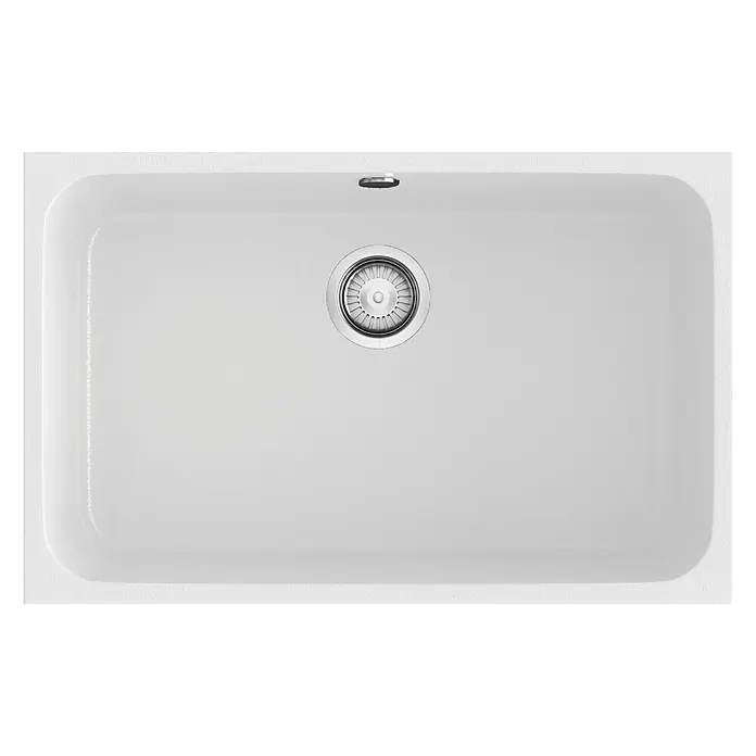 Poalgi Fregadero encastrable Gandía 70 - 44,5 x 74 cm, Material compuesto, Blanco, Brillante - Vista detallada de un fregadero blanco moderno, con un desagüe de acero inoxidable brillante. Perfecto para el diseño y renovación de cocinas.