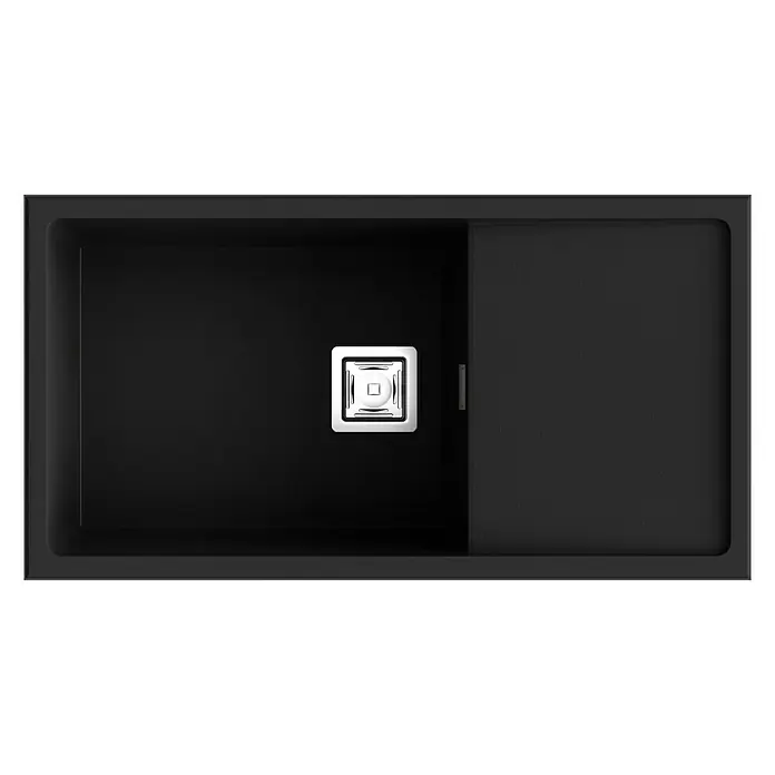 Poalgi Fregadero encastrable Zie 81 - 45 x 85 cm, Material compuesto, Negro, Brillante - Fregadero de cocina negro con escurridor y desagüe cuadrado. Ideal para cocinas modernas y fácil de limpiar.
