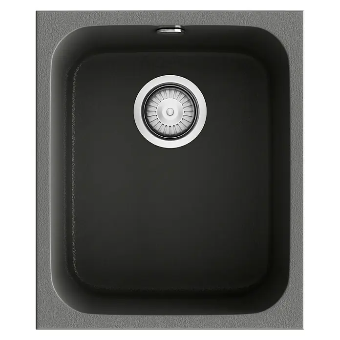 Poalgi Fregadero encastrable Gandía 35 - 44,5 x 38 cm, Material compuesto, Concret, Brillante - Fregadero de cocina negro con un desagüe moderno y un marco gris resistente, ideal para cualquier cocina contemporánea.