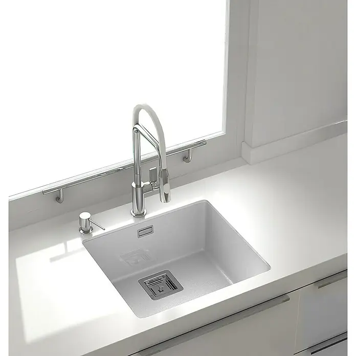 Poalgi Fregadero encastrable Zie 45 - 45 x 50 cm, Material compuesto, Blanco, Brillante - Fregadero de cocina moderno con grifo elegante. Perfecto para un diseño de cocina elegante.