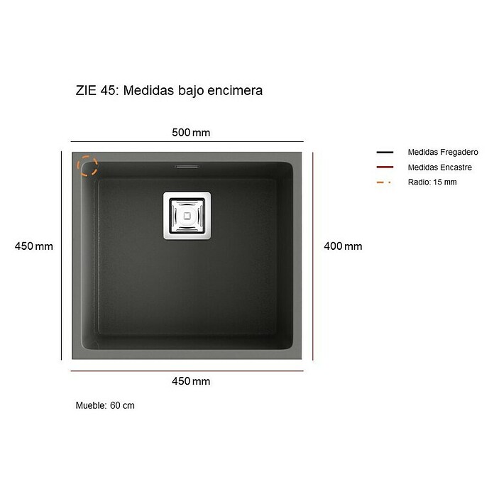 Poalgi Fregadero encastrable Zie 45 (45 x 50 cm, Material compuesto, Negro, Brillante) | BAUHAUS