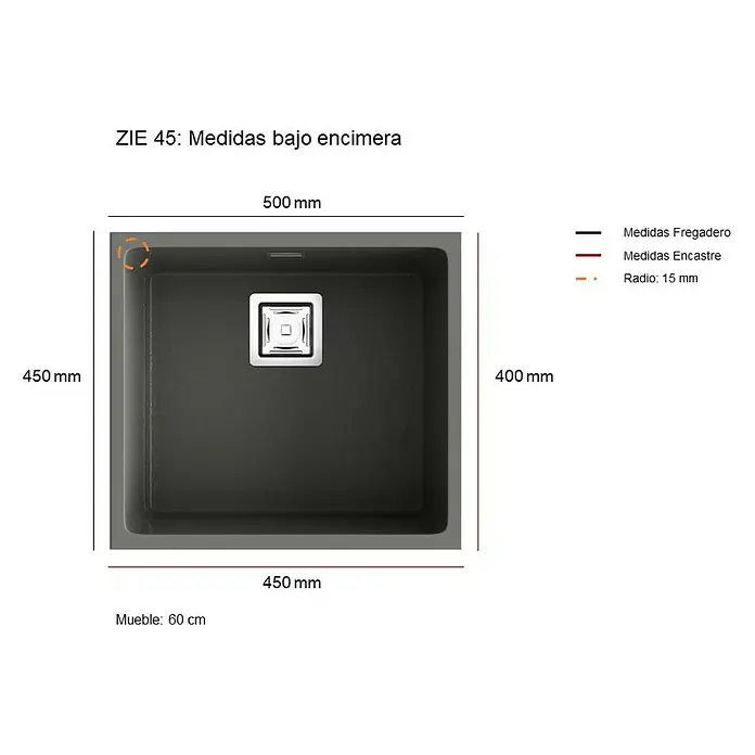 Poalgi Fregadero encastrable Zie 45 - 45 x 50 cm, Material compuesto, Blanco, Brillante - Imagen del producto de un fregadero bajo encimera ZIE 45 con detalles de medidas para la instalación.