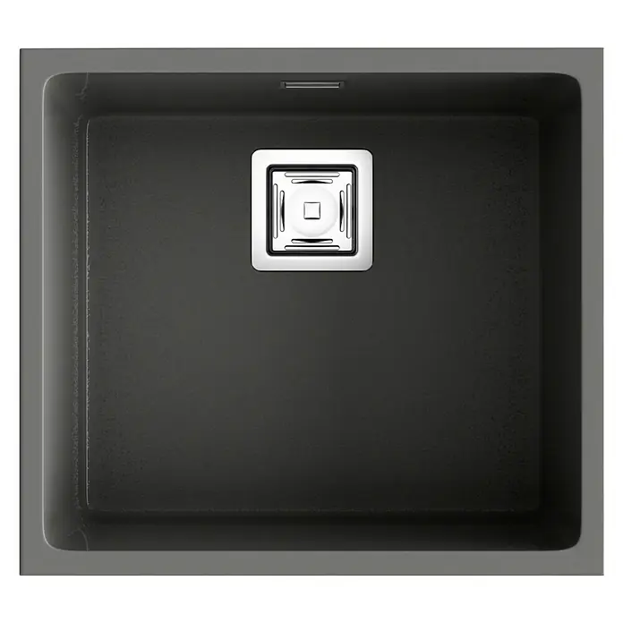 Poalgi Fregadero encastrable Zie 45 - 45 x 50 cm, Material compuesto, Gris, Brillante - Vista de un moderno fregadero cuadrado de color oscuro con desagüe cuadrado.