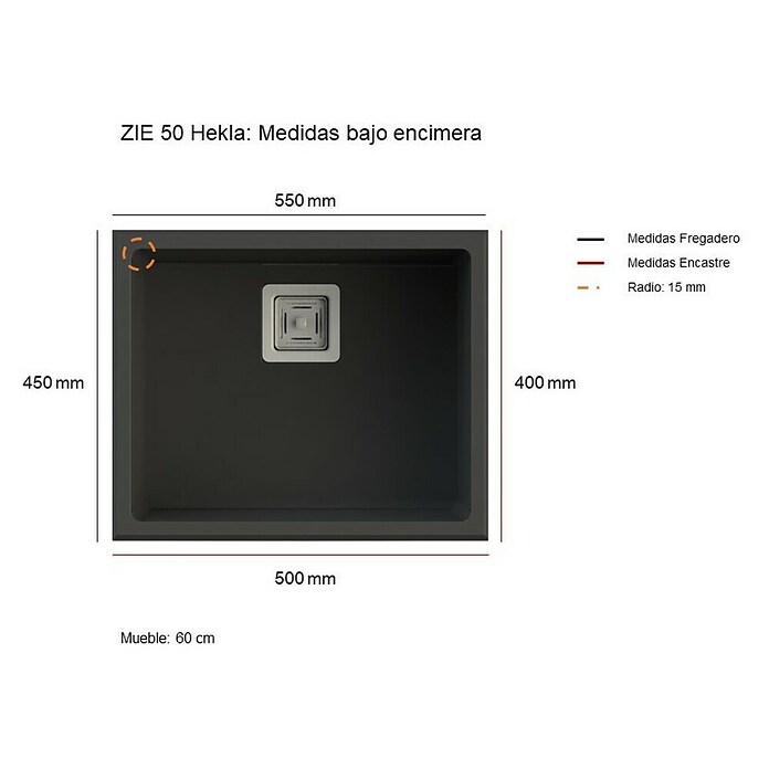 Poalgi Fregadero encastrable Zie Soft 50 (45 x 55 cm, Material compuesto, Gris, Brillante) | BAUHAUS
