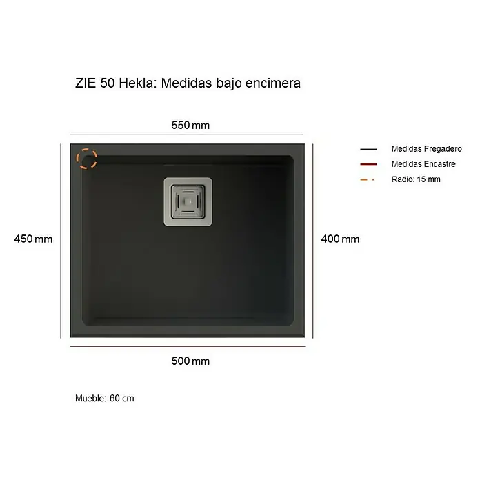 Poalgi Fregadero encastrable Zie Soft 50 - 45 x 55 cm, Material compuesto, Negro, Brillante - Diagrama de un fregadero bajo encimera ZIE 50 Hekla, que muestra dimensiones de 550 x 450 mm y un radio de esquina de 15 mm para un mueble de 60 cm.