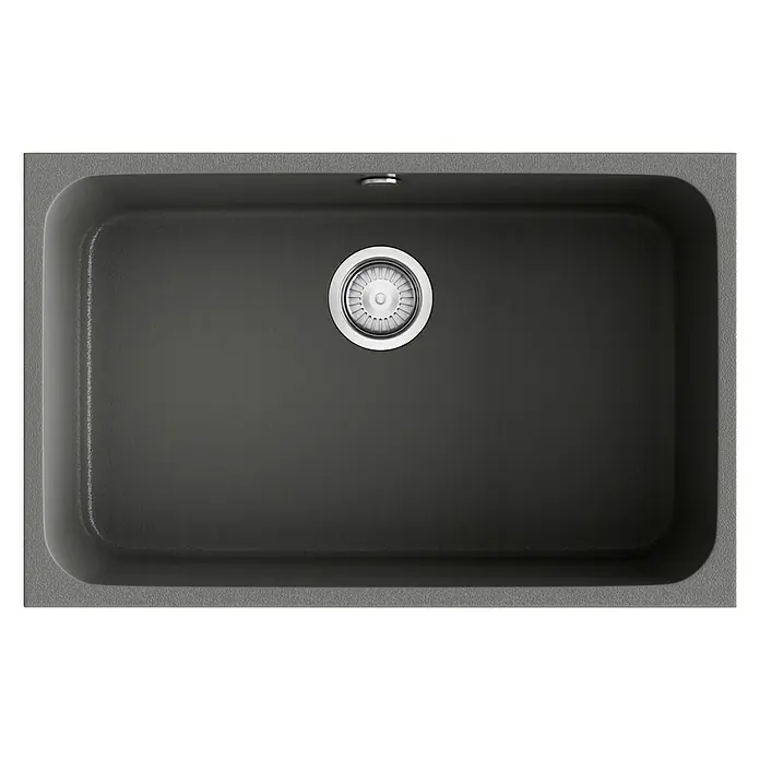 Poalgi Fregadero encastrable Gandía 70 - 44,5 x 74 cm, Material compuesto, Concret, Brillante - Primer plano de un fregadero rectangular moderno de color oscuro, que muestra su diseño minimalista y elegante.