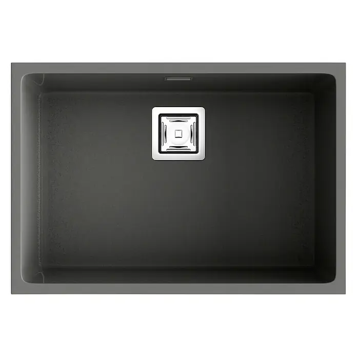Poalgi Fregadero encastrable Zie 60 - 45 x 65 cm, Material compuesto, Gris, Brillante - La imagen muestra un fregadero rectangular moderno de color oscuro con un desagüe cuadrado en el centro, ideal para una cocina elegante.