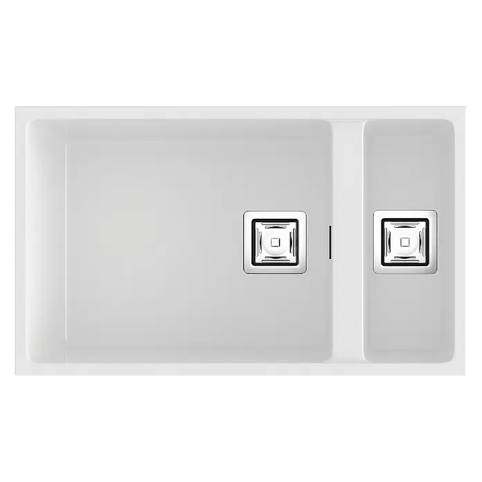 Poalgi Fregadero encastrable Zie Soft 70 - 45 x 75 cm, Material compuesto, Número de cubetas: 1,5 ud., Blanco, Brillante - Fregadero doble de material moderno y brillante con desagües cuadrados. Diseño funcional para la cocina moderna.