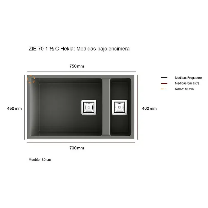 Poalgi Fregadero encastrable Zie Soft 70 - 45 x 75 cm, Material compuesto, Número de cubetas: 1,5 ud., Blanco, Brillante - Imagen de un fregadero ZIE 70 1 1/2 C Hekla de 750 mm x 450 mm, ideal para instalaciones bajo encimera en la cocina.