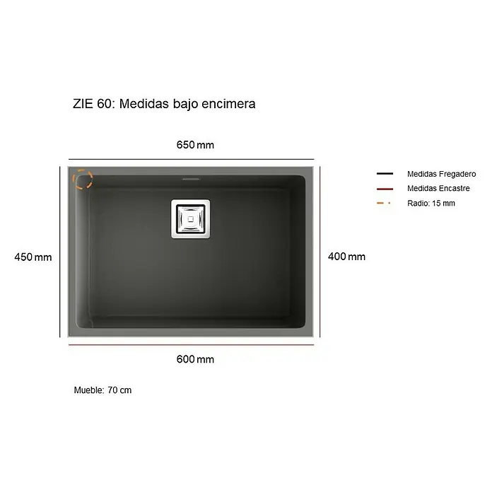 Poalgi Fregadero encastrable Zie 60 - 45 x 65 cm, Material compuesto, Gris, Brillante - Imagen del producto de un fregadero bajo encimera ZIE 60 con dimensiones 650 mm x 450 mm. Los radios son de 15 mm. Mueble: 70 cm.