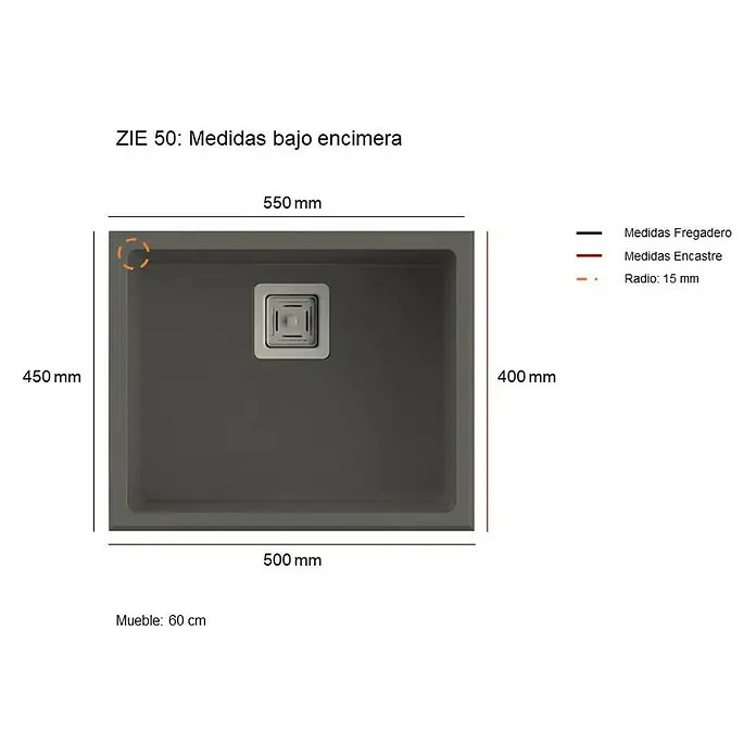 Poalgi Fregadero encastrable Zie 50 - 45 x 55 cm, Material compuesto, Negro, Brillante - Imagen de un fregadero bajo encimera ZIE 50 con dimensiones de 550 mm de ancho, 450 mm de alto y 500 mm de profundidad. Incluye válvula de desagüe.