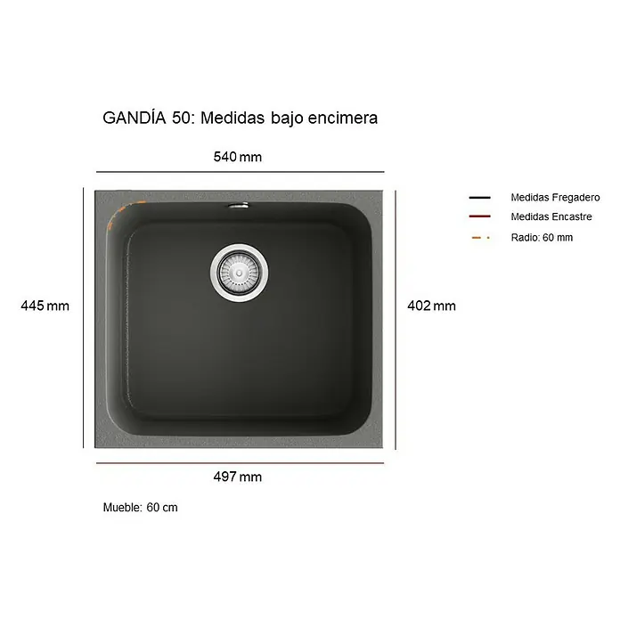 Poalgi Fregadero encastrable Gandía 50 - 44,5 x 54 cm, Material compuesto, Color, Brillante - Imagen de un fregadero GANDÍA 50 bajo encimera con dimensiones, aclarando el método de instalación y medidas de la unidad.