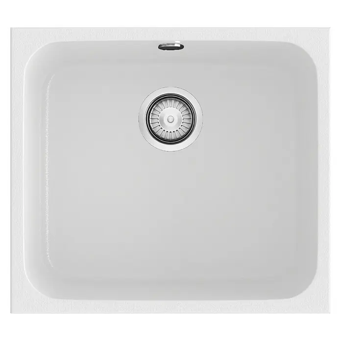 Poalgi Fregadero encastrable Gandía 50 - 44,5 x 54 cm, Material compuesto, Color, Brillante - Primer plano de un fregadero de cocina blanco moderno con un desagüe redondo. Su diseño es sencillo y elegante, ideal para cualquier cocina.