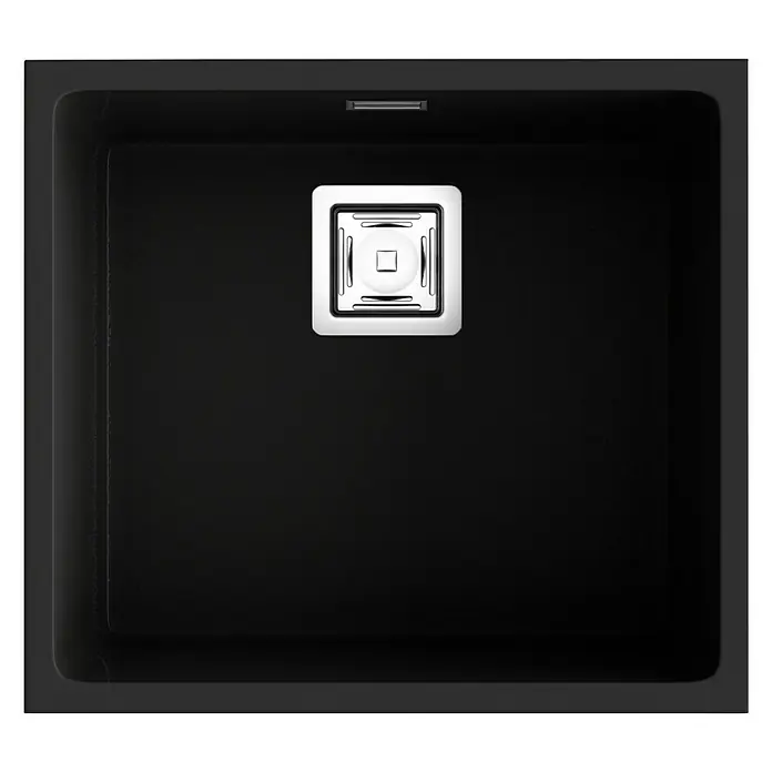 Poalgi Fregadero encastrable Zie Soft 45 - 45 x 50 cm, Material compuesto, Negro, Brillante - Fregadero de cocina de granito negro con desagüe cuadrado para cocinas modernas. Diseño elegante y funcional.