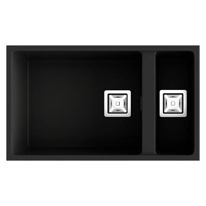 Poalgi Fregadero encastrable Zie 70 - 45 x 75 cm, Material compuesto, Número de cubetas: 1,5 ud., Negro - Fregadero negro con dos cubetas y desagües cuadrados para un diseño de cocina moderno. Elegante y funcional para cocinas contemporáneas.