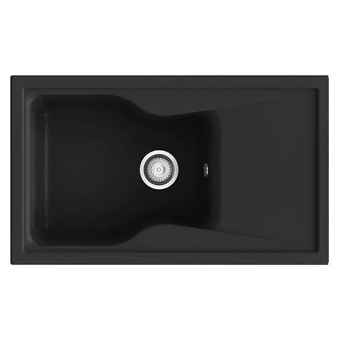Poalgi Fregadero encastrable City 321 Soft 1S+E - 51 x 86 cm, Material compuesto, Negro, Brillante - Vista superior de un fregadero rectangular moderno en antracita oscuro, con un elegante desagüe situado centralmente.