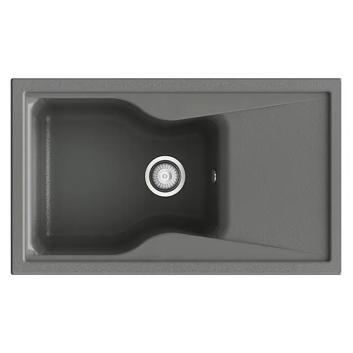 Poalgi Fregadero encastrable City 321 Soft 1S+E - 51 x 86 cm, Material compuesto, Gris, Brillante - Vista superior de un moderno fregadero de cocina gris con escurridor y desagüe central. Ideal para cualquier cocina moderna.