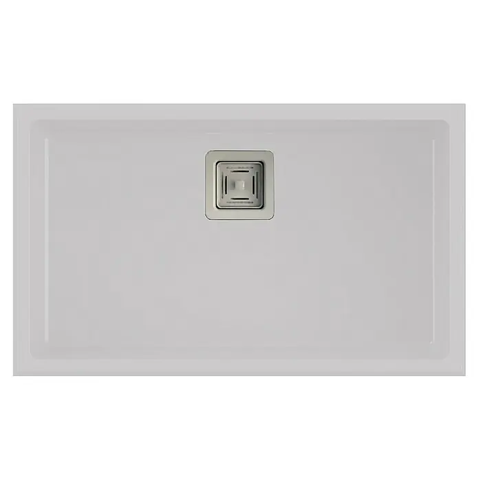 Poalgi Fregadero encastrable Zie 70 - 45 x 75 cm, Material compuesto, Número de cubetas: 1 ud., Blanco - Plato de ducha blanco con desagüe cuadrado en el centro. La bandeja tiene una superficie lisa y un sutil borde circundante.