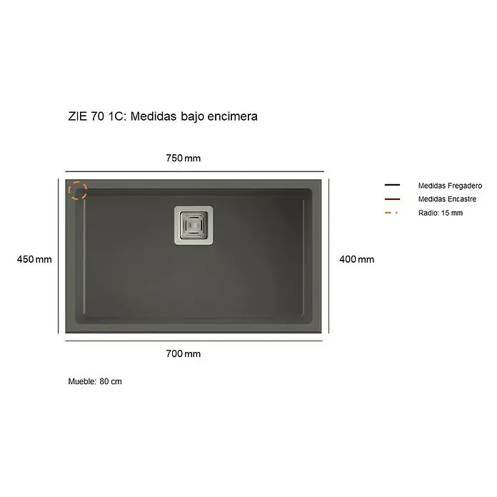Poalgi Fregadero encastrable Zie 70 - 45 x 75 cm, Material compuesto, Número de cubetas: 1 ud., Negro - Diagrama de un fregadero bajo encimera ZIE 70 1C, que muestra las medidas para el fregadero, la instalación y un radio de esquina de 15 mm.