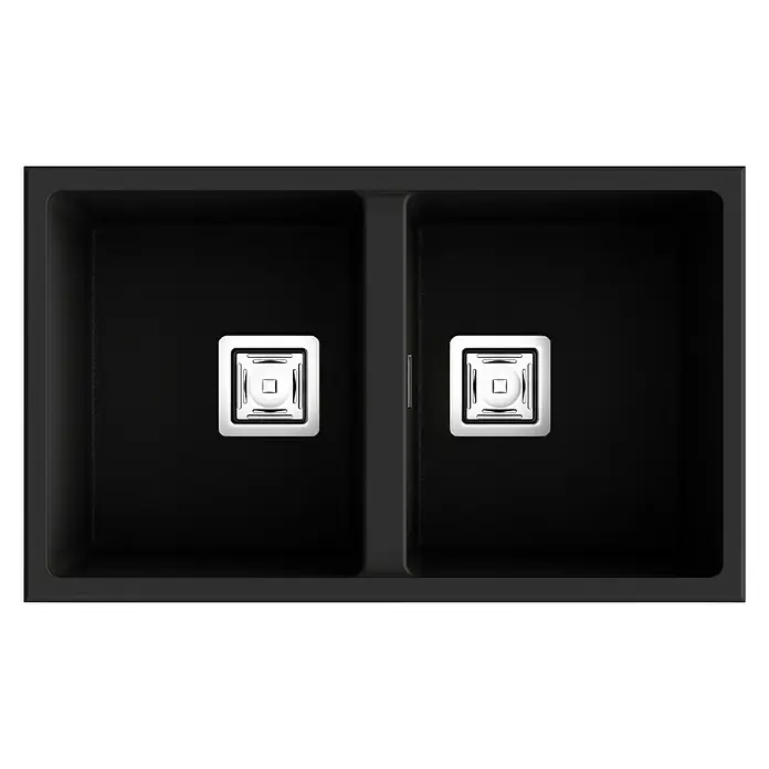Poalgi Fregadero encastrable Zie Soft 70 - 45 x 75 cm, Material compuesto, Número de cubetas: 2 ud., Negro, Brillante - Fregadero de cocina negro de doble cubeta con desagües cuadrados de acero inoxidable, ideal para cocinas modernas. Diseño elegante.