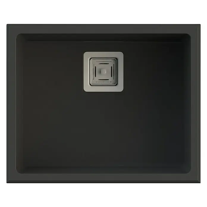 Poalgi Fregadero encastrable Zie 50 - 45 x 55 cm, Material compuesto, Gris, Brillante - Vista superior de un fregadero rectangular moderno en antracita oscuro con desagüe cuadrado. Ideal para cualquier cocina.