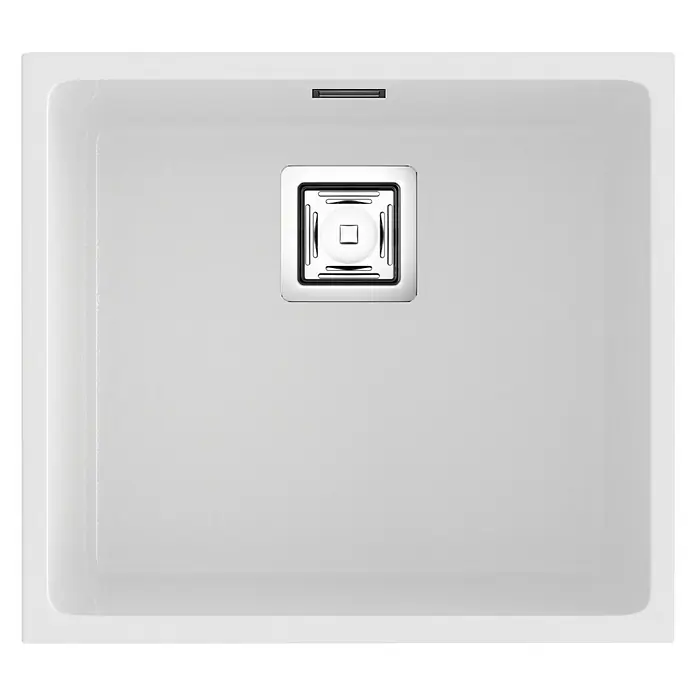 Poalgi Fregadero encastrable Zie 45 - 45 x 50 cm, Material compuesto, Blanco, Brillante - Imagen de un plato de ducha cuadrado con un desagüe cuadrado en el centro y un desagüe de ranura en la parte superior.