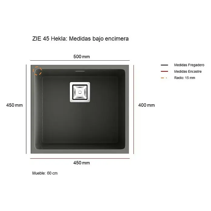 Poalgi Fregadero encastrable Zie Soft 45 - 45 x 50 cm, Material compuesto, Gris, Brillante - Imagen de un fregadero bajo encimera ZIE 45 Hekla con dimensiones de 500x450x400 mm, perfecto para muebles de 60 cm de ancho.