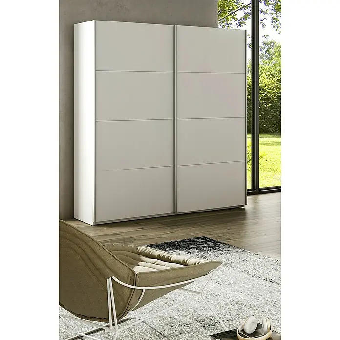 Armario de puertas correderas Arya - L x An x Al: 60 x 150 x 200 cm, Blanco Artik - Armario luminoso con puertas correderas de diseño moderno. El armario tiene múltiples compartimentos y una superficie lisa.