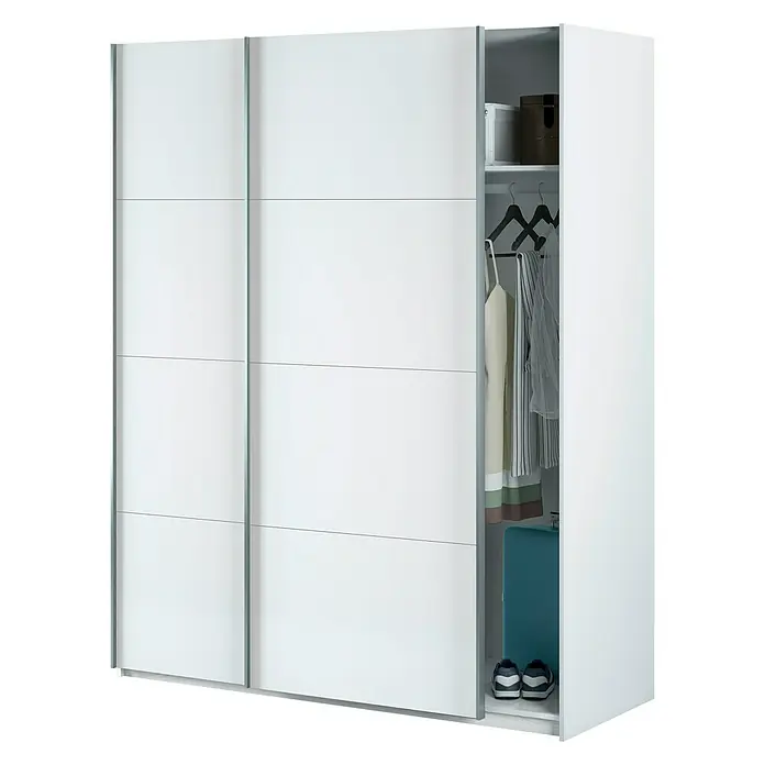 Armario de puertas correderas Arya - L x An x Al: 60 x 150 x 200 cm, Blanco Artik - Un armario blanco con puertas correderas parcialmente abierto, mostrando ropa, una maleta y zapatos. El diseño moderno se adapta a los dormitorios.