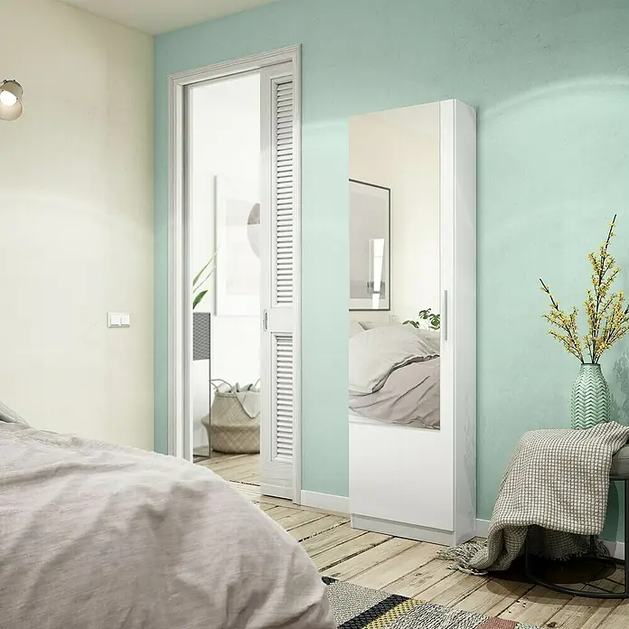 Zapatero Kristal - L x An x Al: 22 x 50 x 180 cm, Blanco ártico, Espejo - Elegante armario blanco con puerta de espejo. El armario ofrece un espacio de almacenamiento práctico y encaja perfectamente en dormitorios modernos.