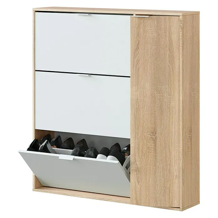 Zapatero Class - L x An x Al: 22 x 106 x 115 cm, Blanco/Roble - Elegante zapatero con aspecto de madera y puertas blancas para un almacenamiento práctico de zapatos en el pasillo o la entrada.