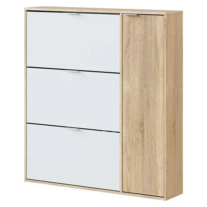 Zapatero Class - L x An x Al: 22 x 106 x 115 cm, Blanco/Roble - Elegante diseño de zapatero con tres compartimentos basculantes en blanco y un elemento lateral de armario con acabado en madera para un almacenamiento elegante.