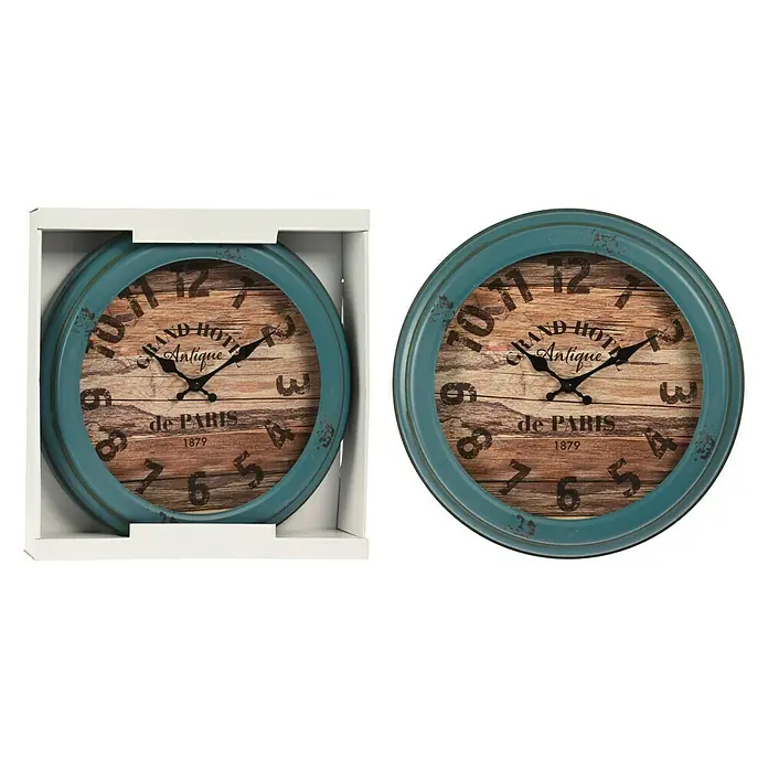 Reloj de pared metal - Diámetro: 41 cm, Azul - Primer plano de dos relojes de pared de estilo vintage con marco azul y esfera de madera.
