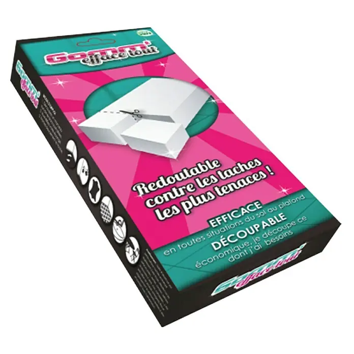 Goma mágica Jumbo - 1 ud. - Imagen de un paquete de Gommi Efface Tout, una esponja de limpieza eficaz y recortable para diversas superficies.
