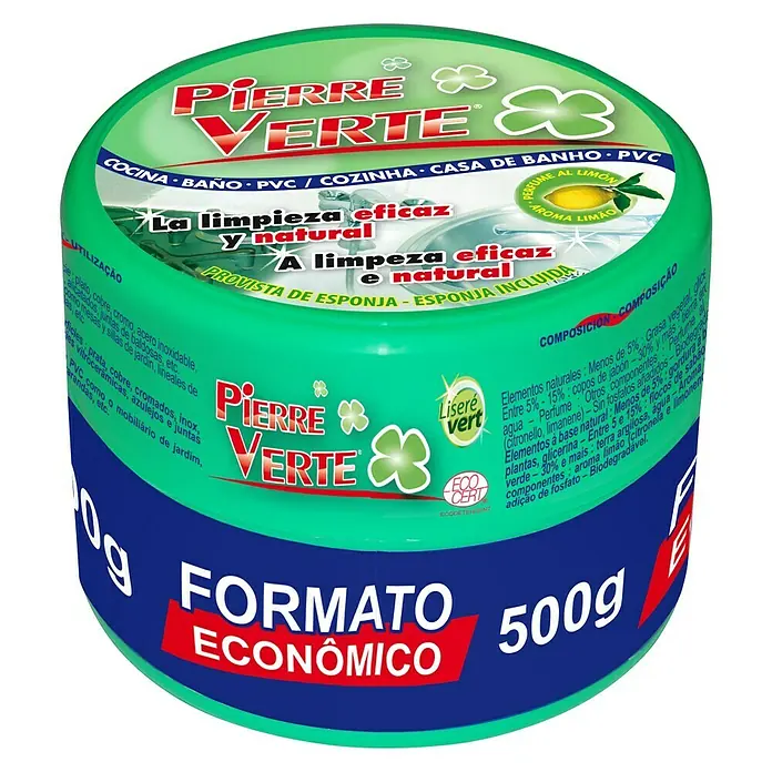 Esponja de limpieza manual Pierre Verte - Limón, 500 g - Un bote de limpiador universal Pierre Verte, ideal para cocina, baño y más, con aroma de limón y esponja.